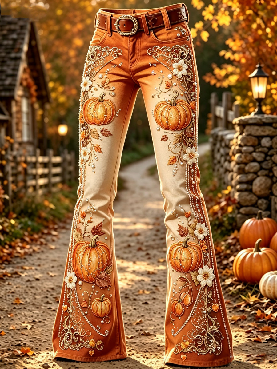 Halloween Pumpkin FlowersArt Print Flared Trousers