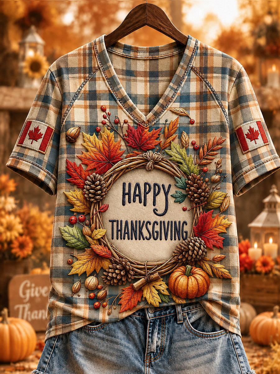 Women's Canda Thanksgiving Day Printed Vintage Fashion Loose Short Sleeve T-Shirt