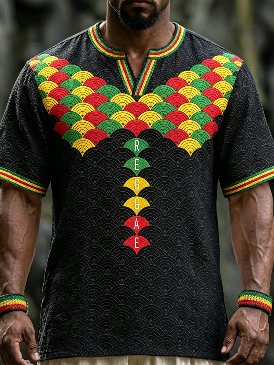 Men's Vintage African Reggae Art Printed Linen T-shirt