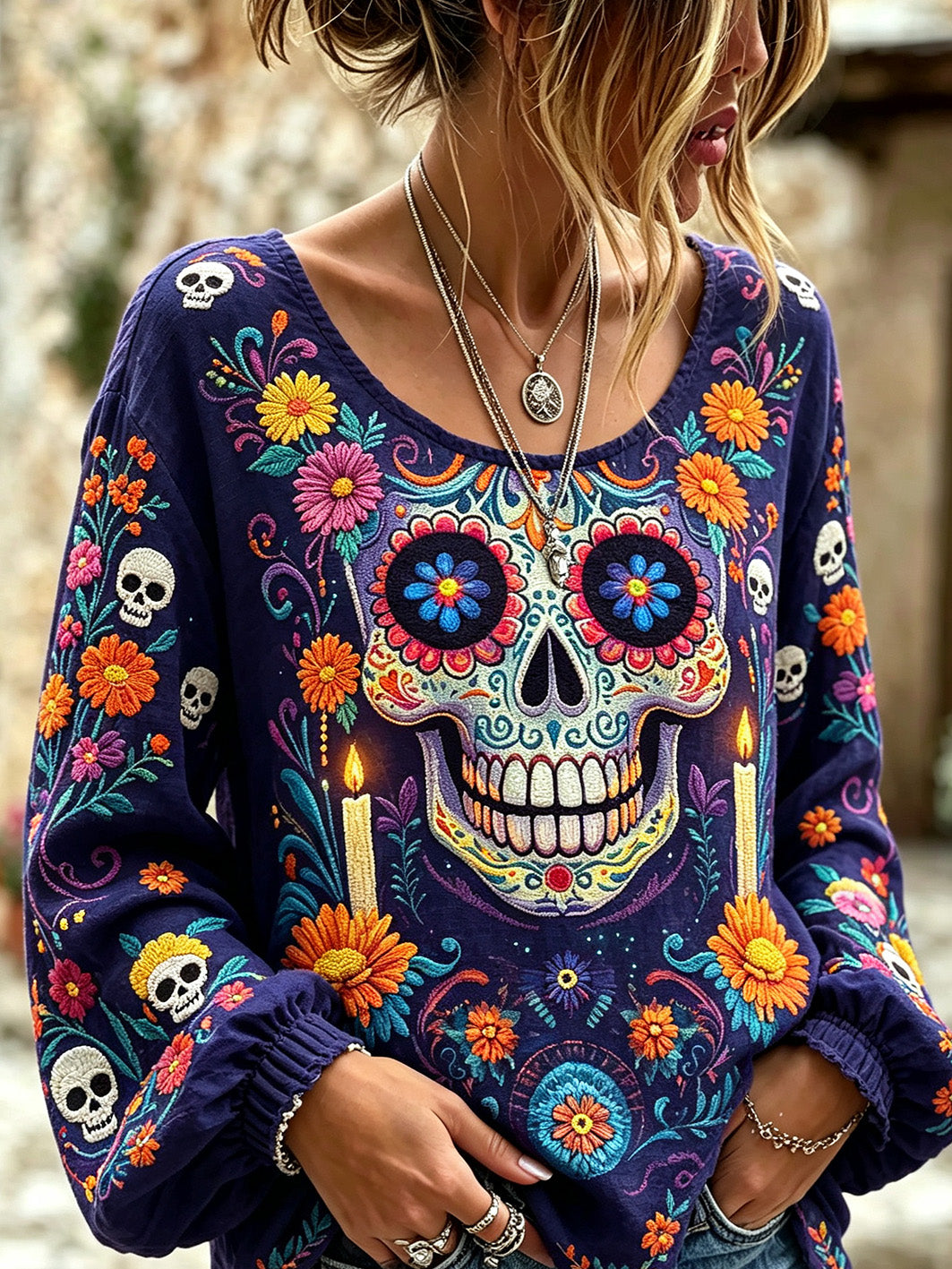 Women's skull and plant flower pattern printed casual cotton and linen shirt