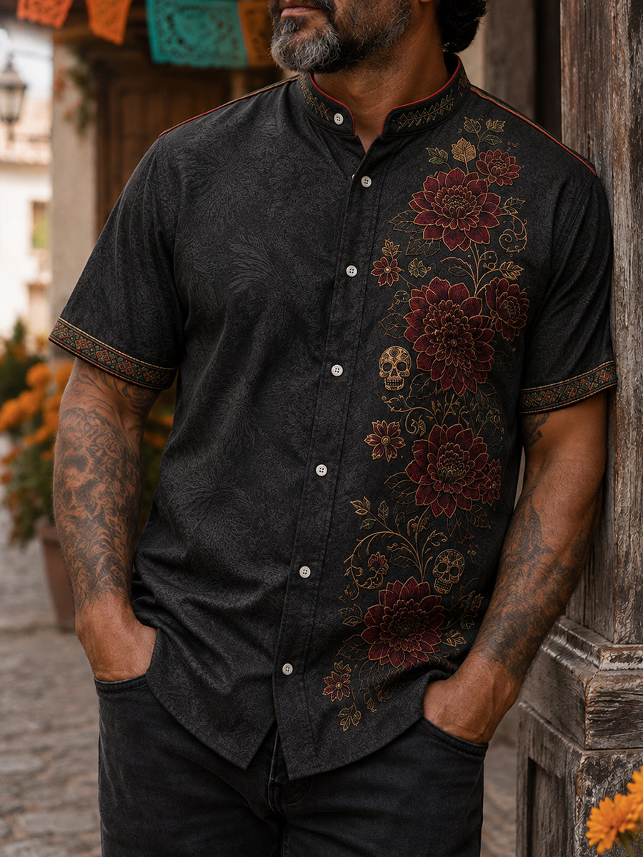 Men's Mexico Day of The Dead Floral Art Printed Linen Shirt