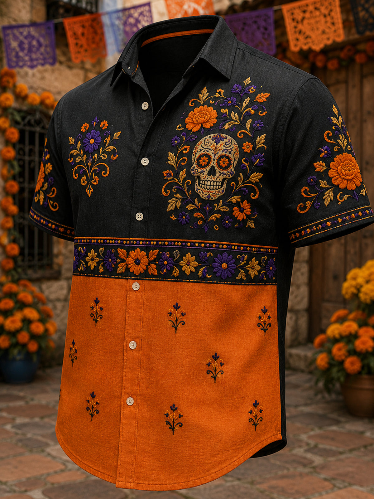 Men's Mexican Day Of The Dead Cultural Elements Art Print Short-Sleeved Shirt