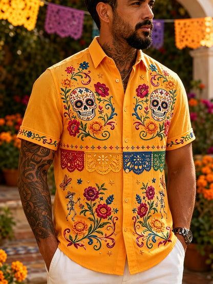 Men's Mexican Day Of The Dead Cultural Elements Art Print Short-Sleeve Shirt