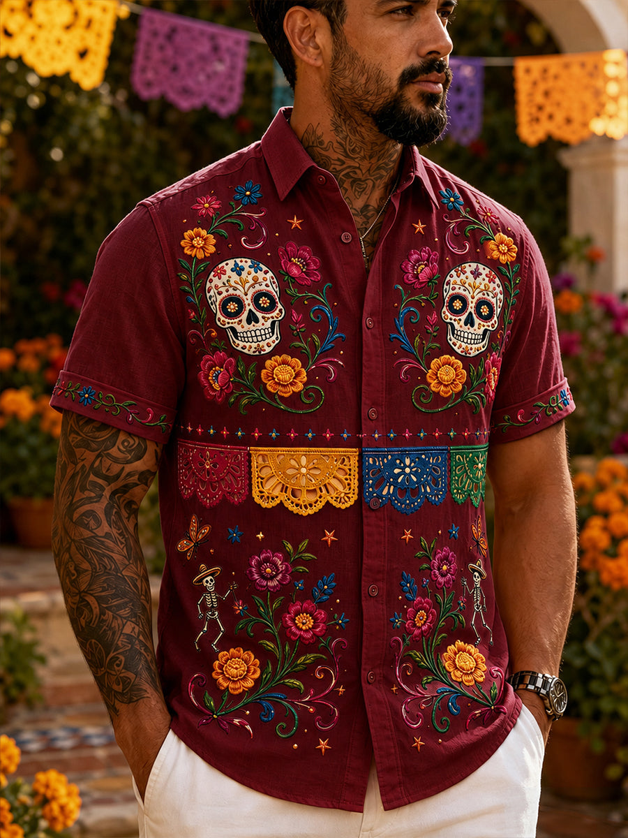 Men's Mexican Day Of The Dead Cultural Elements Art Print Short-Sleeve Shirt