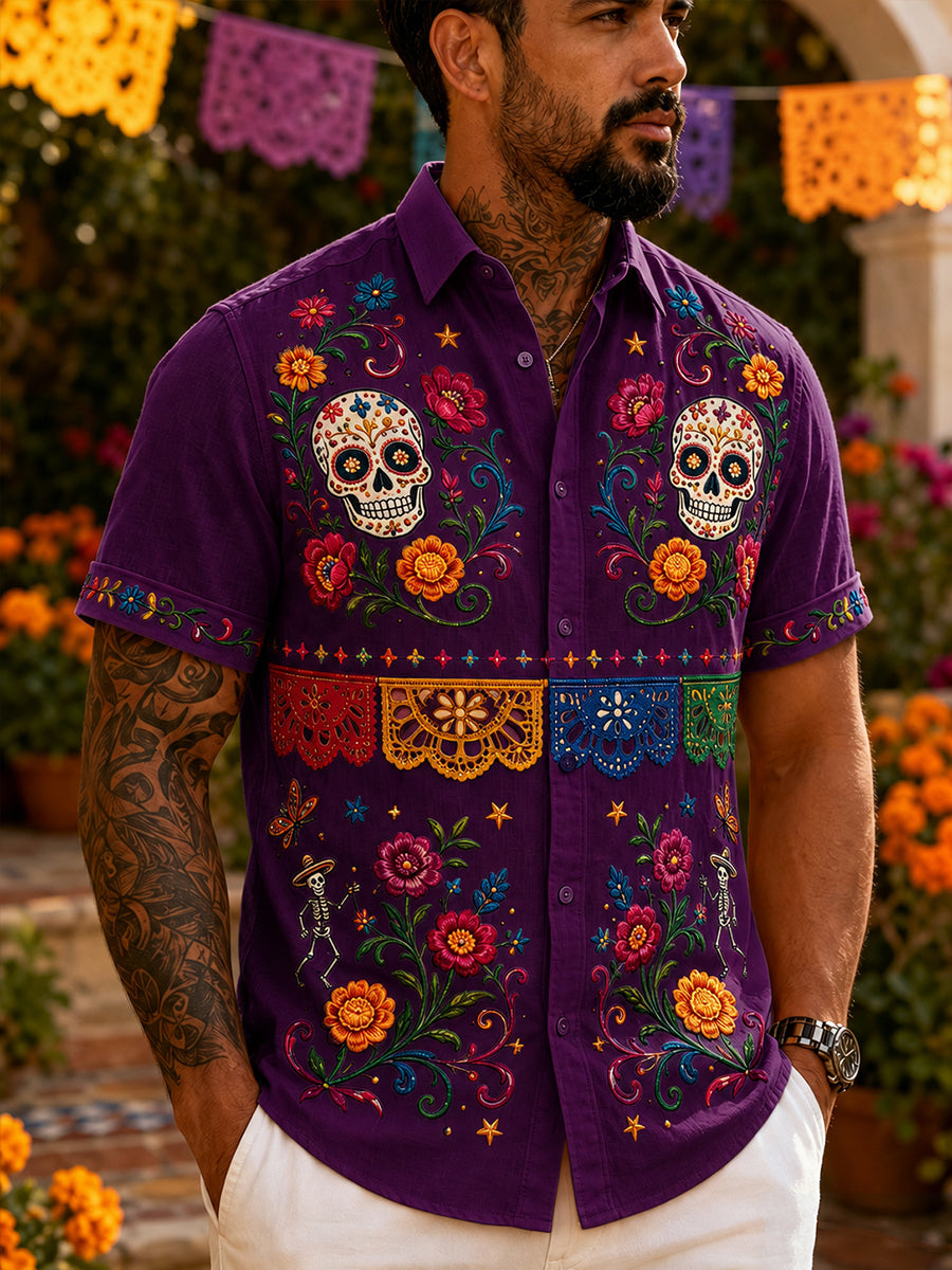 Men's Mexican Day Of The Dead Cultural Elements Art Print Short-Sleeve Shirt