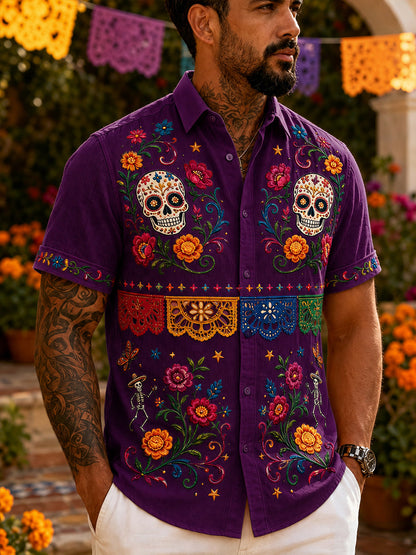 Men's Mexican Day Of The Dead Cultural Elements Art Print Short-Sleeve Shirt