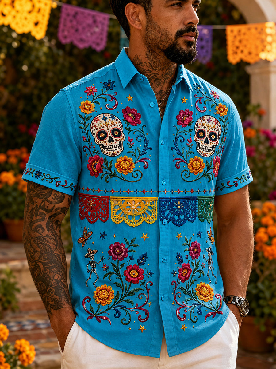 Men's Mexican Day Of The Dead Cultural Elements Art Print Short-Sleeve Shirt