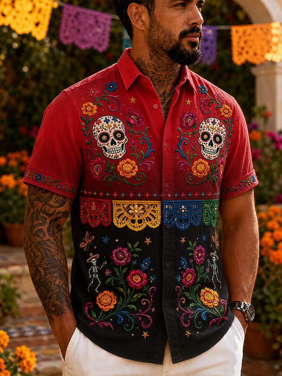 Men's Mexican Day Of The Dead Cultural Elements Art Print Short-Sleeve Shirt