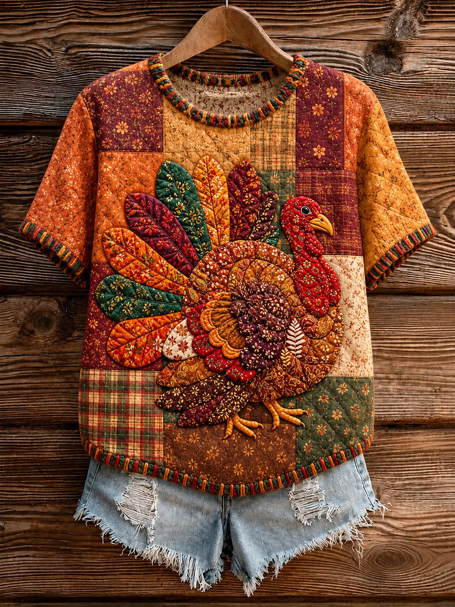 Women's Thanksgiving Artistic Printed Short Sleeved Sweater