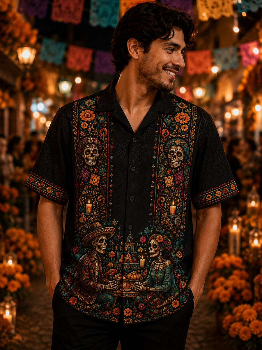 Men's Mexico Day Of The Dead Cuban Collar Shirt With Short Sleeves