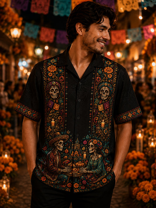 Men's Mexico Day Of The Dead Cuban Collar Shirt With Short Sleeves