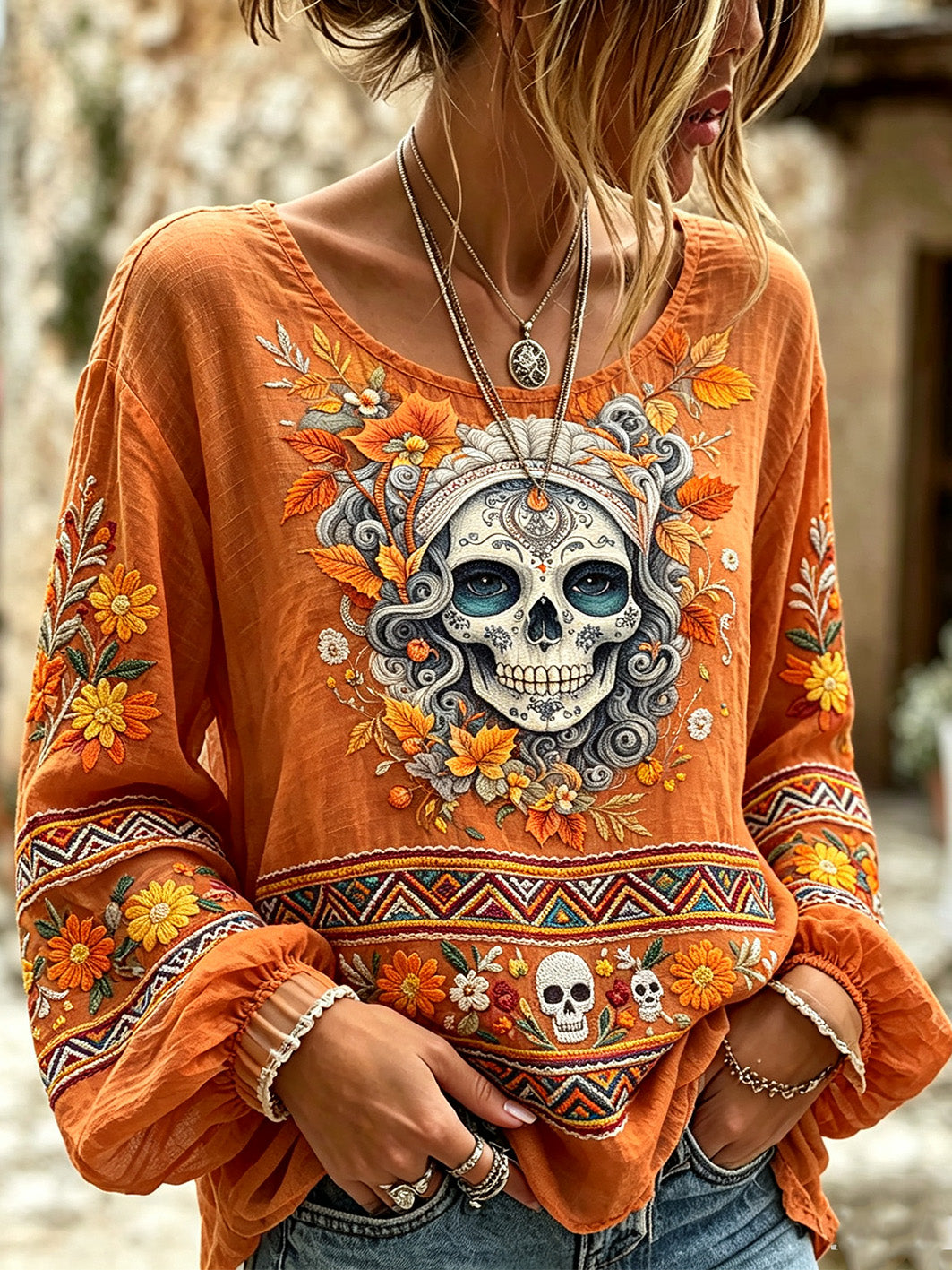 Women's Day of the Dead Plant And Flower Pattern Printed Casual  Cotton-Linen Shirt