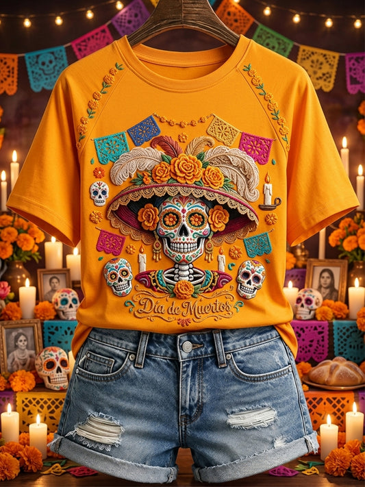 Women's Day of the Dead La Catrina Skull Mexican Floral Print Short Sleeve T-shirt
