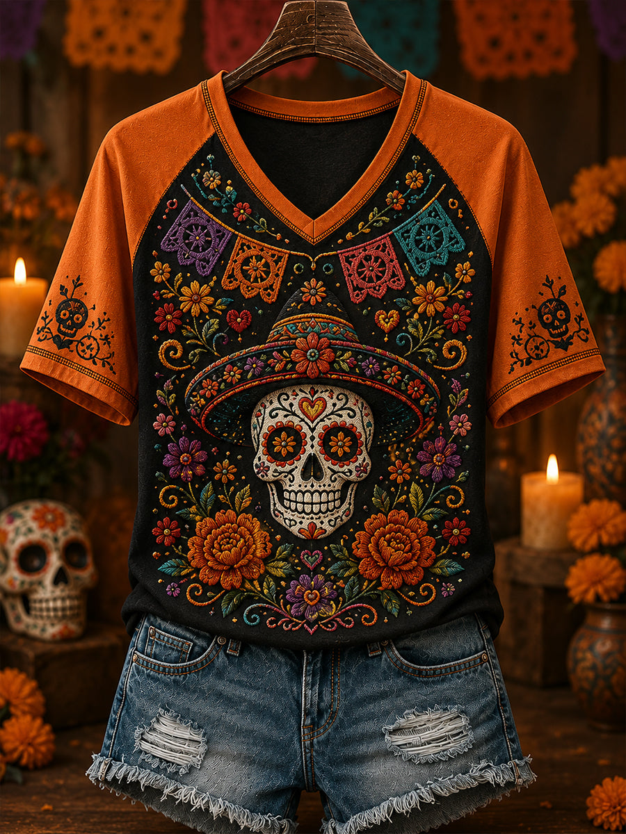 Women's Mexico's Day Of The Dead V-Neck Off-Shoulder Short-Sleeved T-Shirt