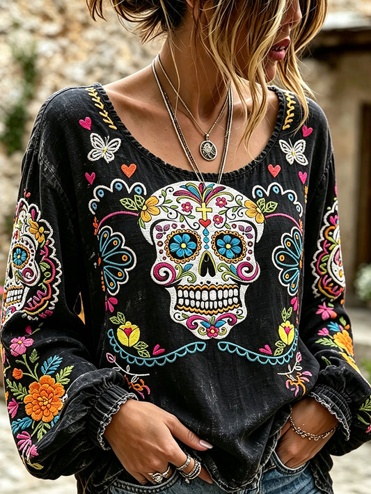 Women's Day of the Dead Pattern Printed Casual Cotton-Linen Shirt