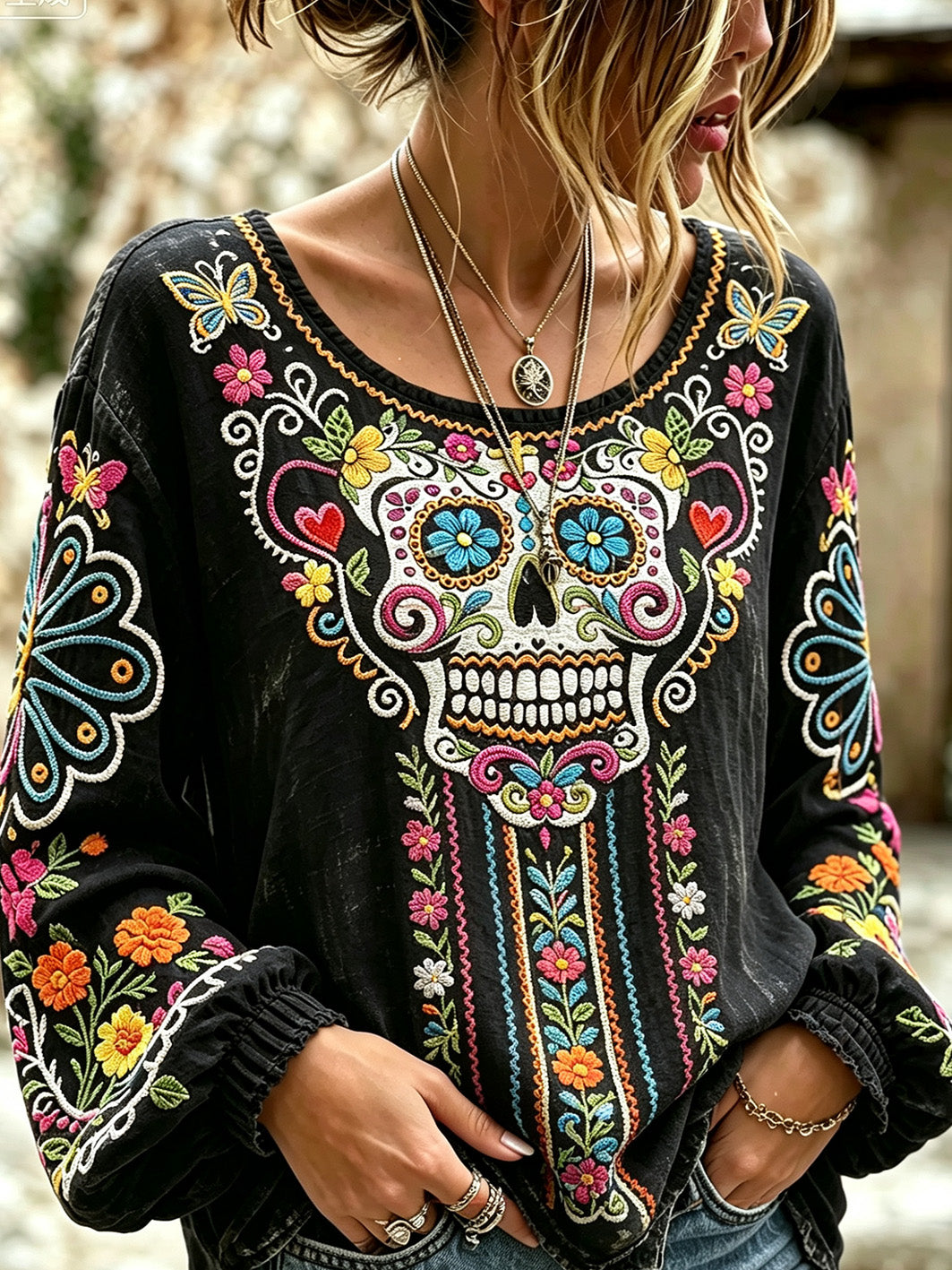 Women's Day of the Dead Pattern Printed Casual Cotton-Linen Shirt