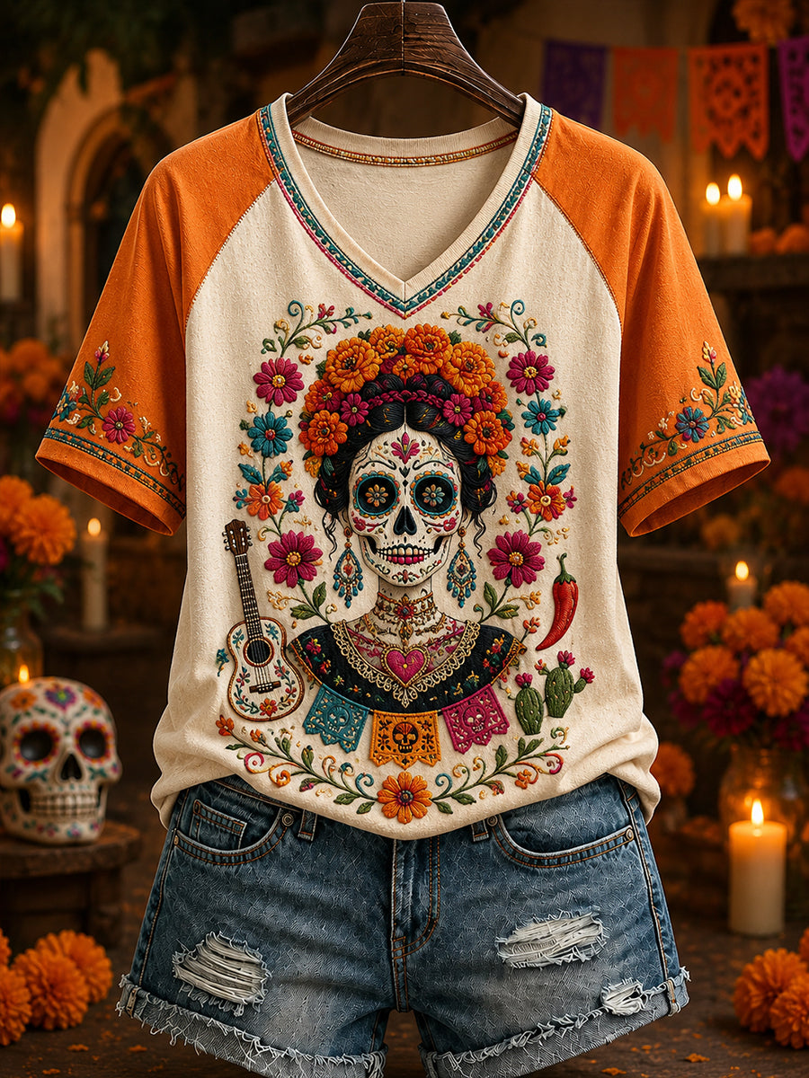 Women's Mexico's Day of the Dead V-neck off-shoulder short-sleeved T-shirt