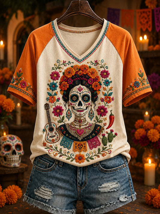 Women's Mexico's Day of the Dead V-neck off-shoulder short-sleeved T-shirt