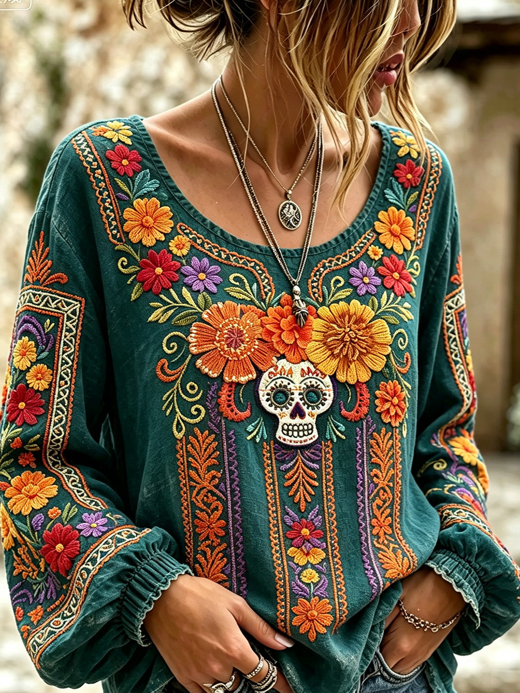 Women's Day of the Dead Pattern Printed Casual Cotton-Linen Shirt