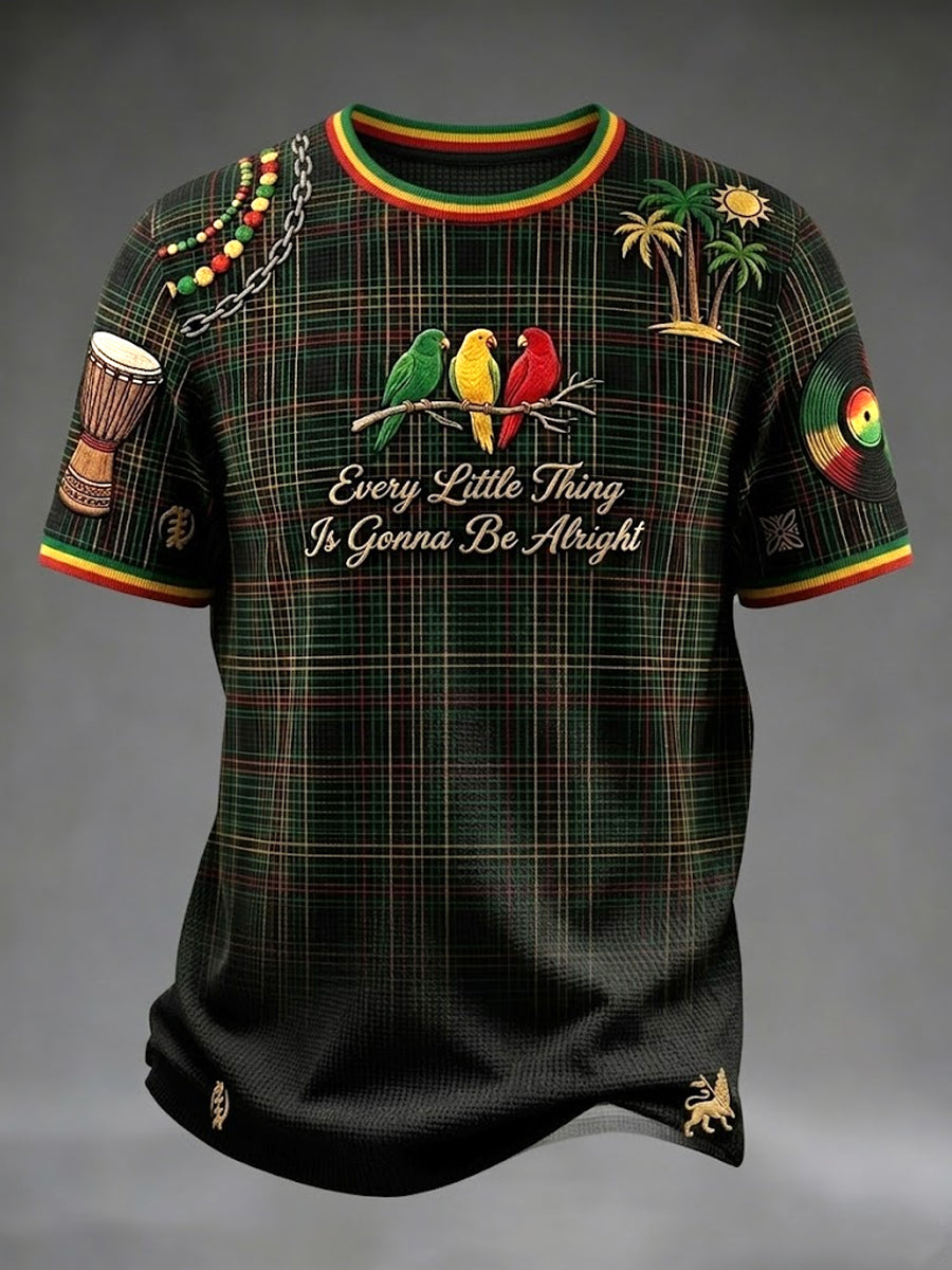 Retro Reggae Checkered Gradient Casual Waffle-Weave T-Shirt