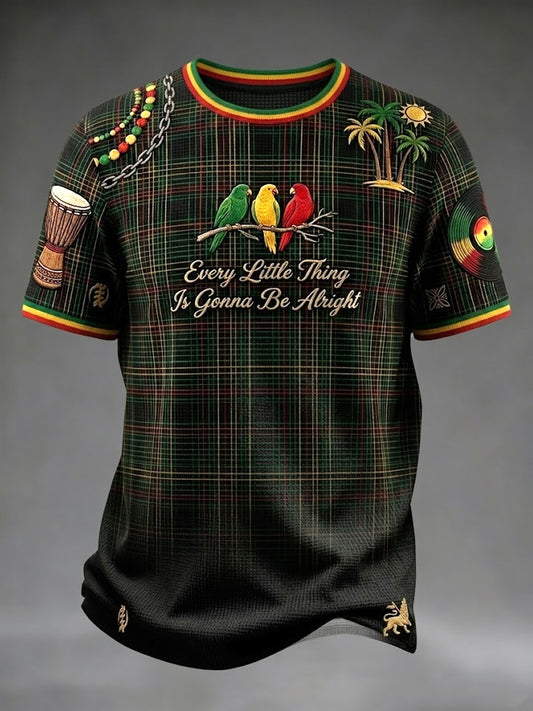 Retro Reggae Checkered Gradient Casual Waffle-Weave T-Shirt