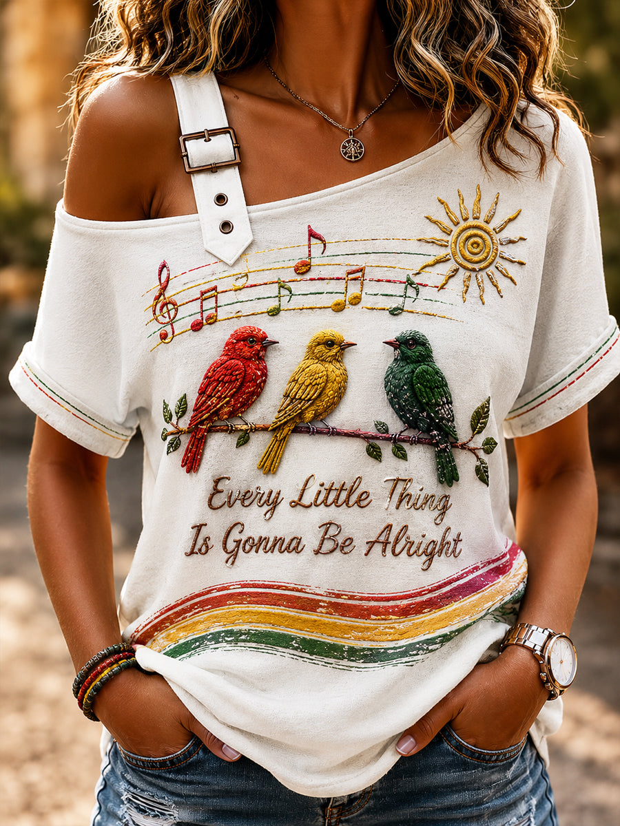Women's Retro Reggae Bird Off-the-Shoulder T-Shirt