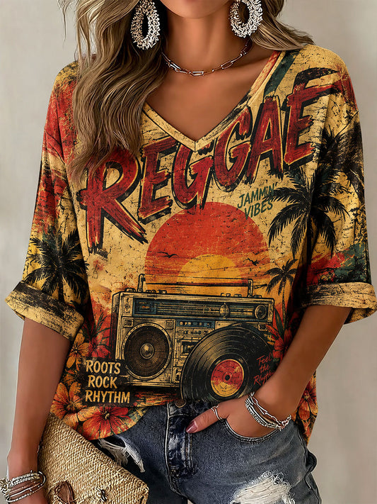 Women's Mid-length Sleeves V-Neck T-Shirt