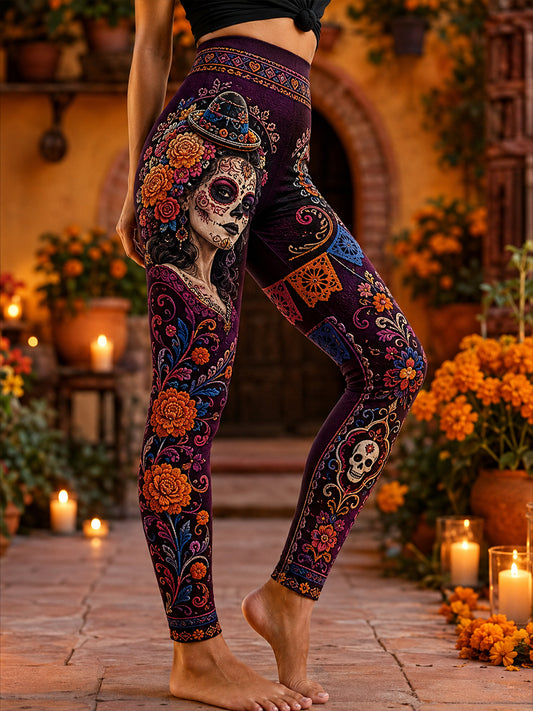 Women's Mexico's Day Of The Dead  High-Waisted Slim Fit Casual Leggings