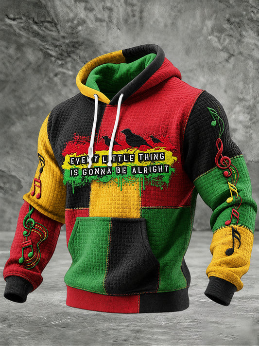 Men's Reggae Music Printed Waffle Long Sleeved Hooded Sweatshirt