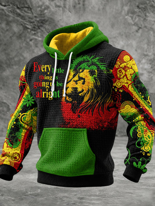 Men's Reggae Music Printed Waffle Long Sleeved Hooded Sweatshirt