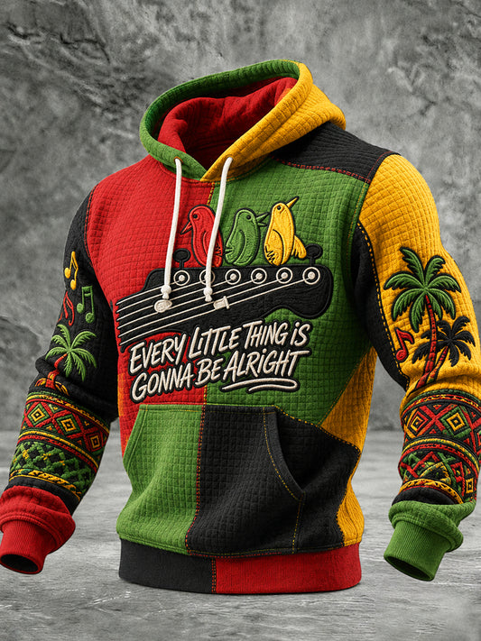 Men's Reggae Music Printed Waffle Long Sleeved Hooded Sweatshirt