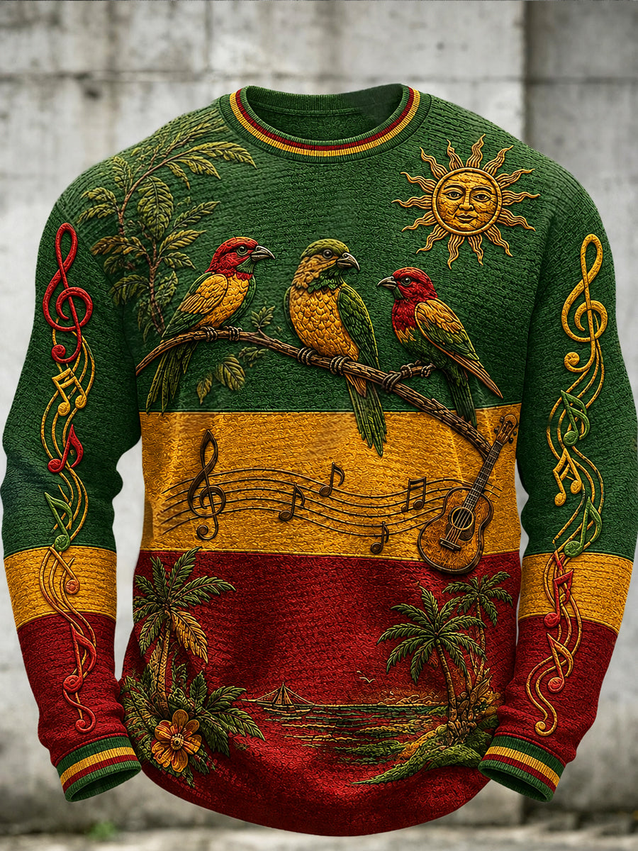 Men's Reggae Music Printed Waffle Long Sleeved Round Neck Sweatshirt