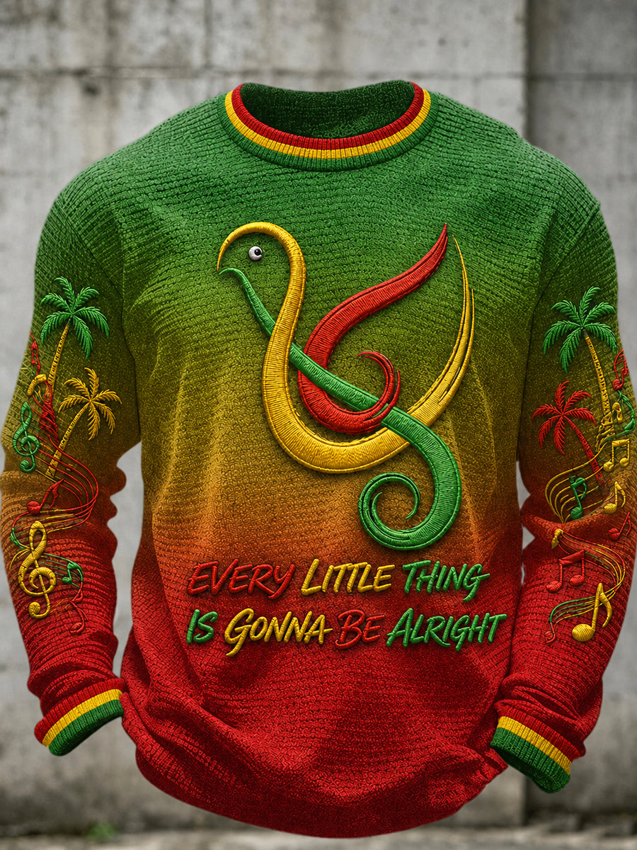 Men's Reggae Music Printed Waffle Long Sleeved Round Neck Sweatshirt