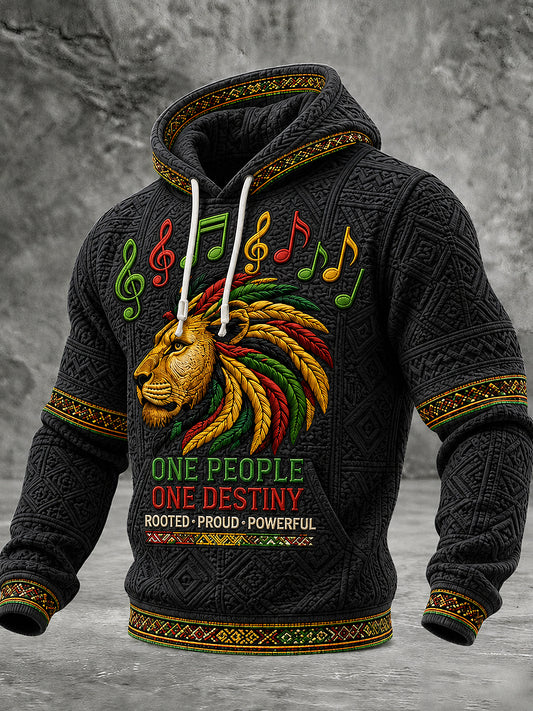 Men's Reggae Music Printed Waffle Long Sleeved Hooded Sweatshirt