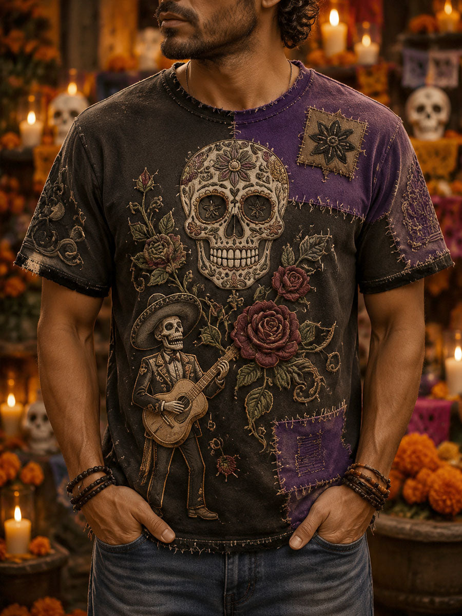 Men’s Day of the Dead Skeleton Printed Casual T-Shirt