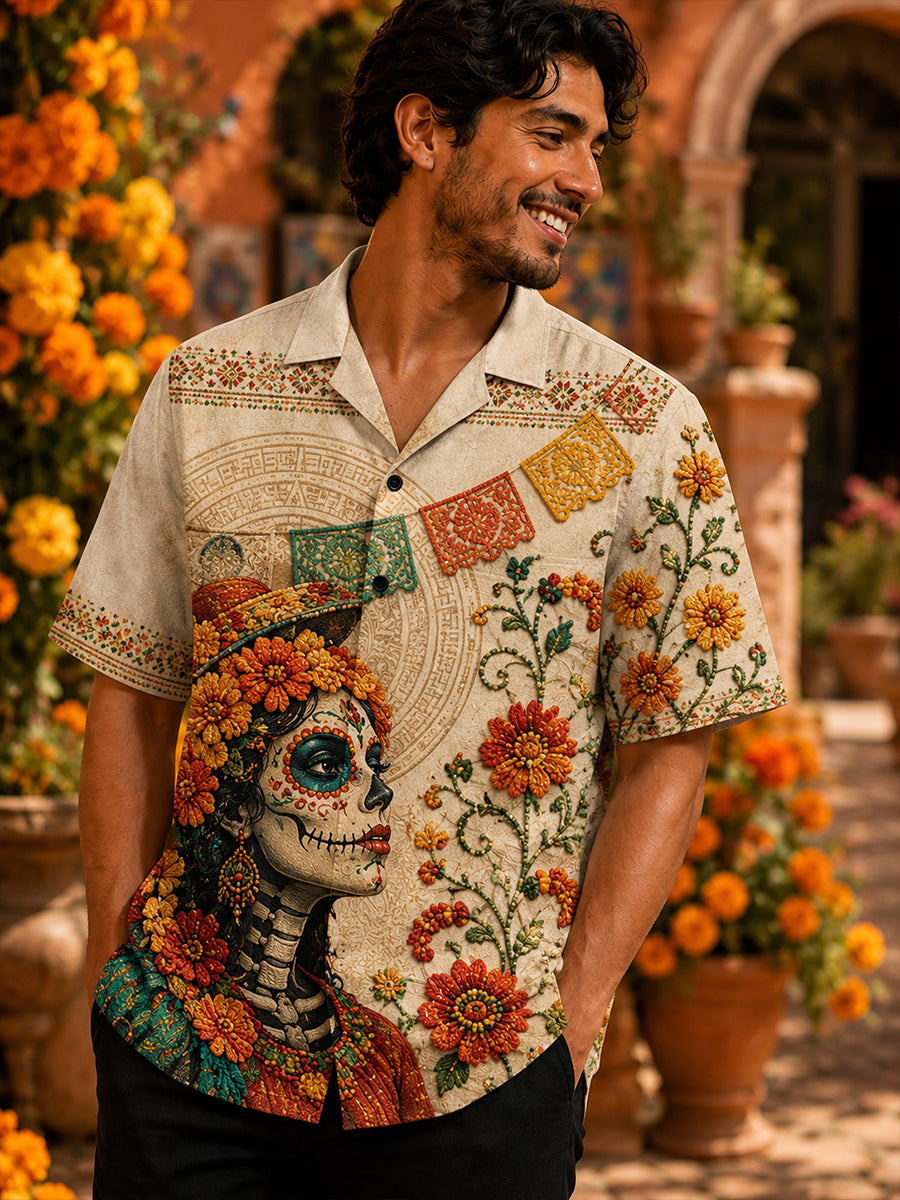 Men's Mexico Day Of The Dead Cuban Collar Shirt With Short Sleeves