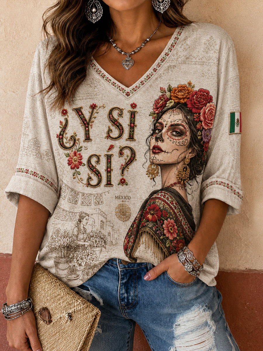 Women's Mexico Independence Day ¿Y si sí? Art Printed Linen Tops