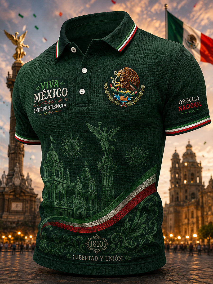 Men's Independence Day Themed Print Waffle-Knit Short-Sleeve Polo Shirt