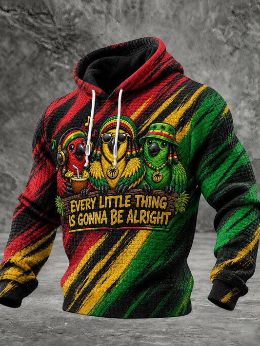Men's Reggae Art Printed Waffle Long sleeved hooded sweatshirt