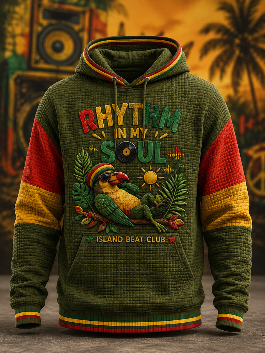 Men's Waffle-Knit Hoodie With Fun Reggae-Themed Slogan Print