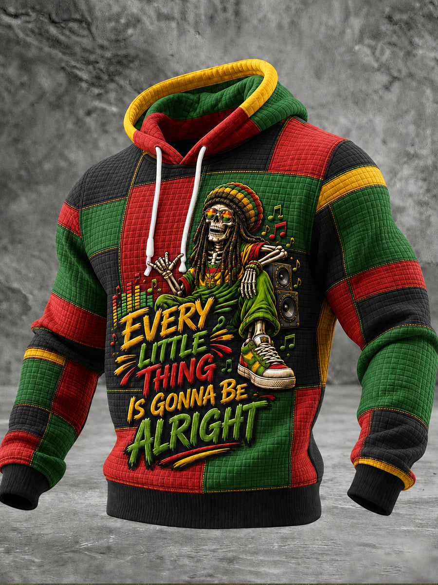 Men's Reggae Art Printed Waffle Long sleeved hooded sweatshirt