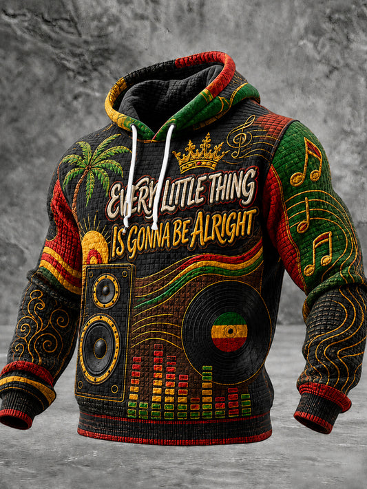 Men's Reggae Art Printed Waffle Long sleeved hooded sweatshirt