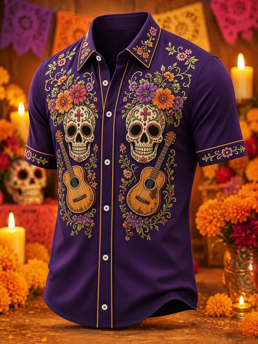 Men's Day of the Dead Sugar Skull Print Casual Shirt