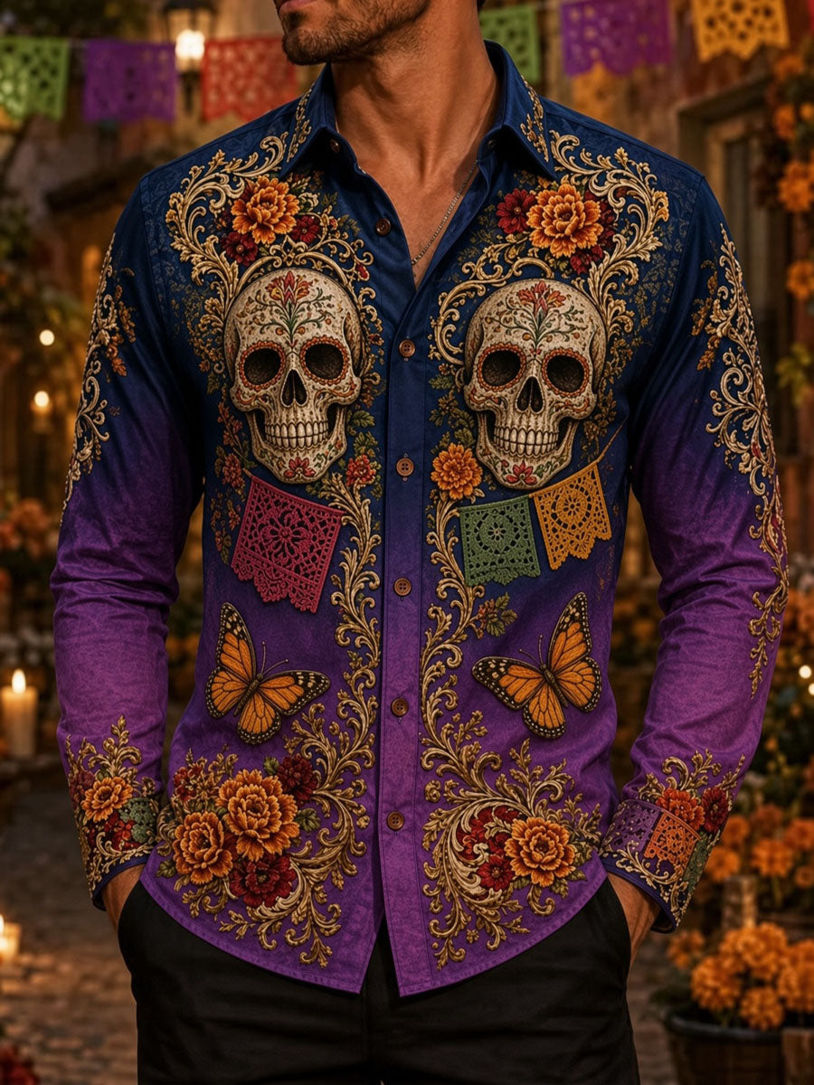 Men's Day of the Dead Sugar Skull Print Casual Shirt