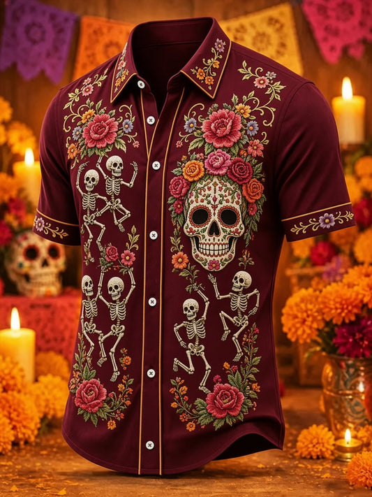 Men's Day of the Dead Sugar Skull Print Casual Shirt