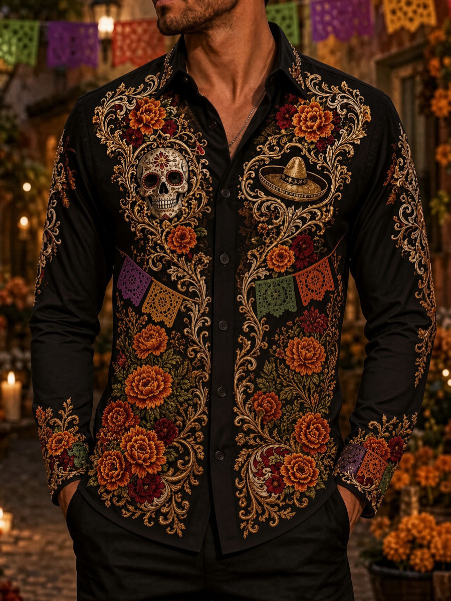 Men's Day of the Dead Sugar Skull Print Casual Shirt