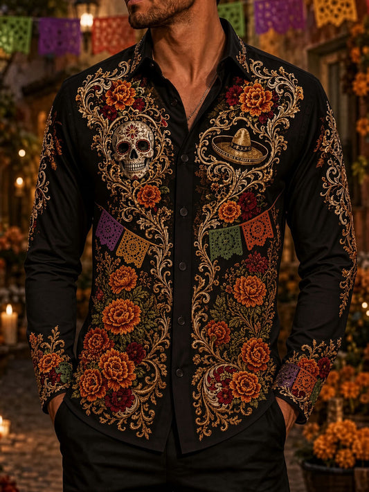 Men's Day of the Dead Sugar Skull Print Casual Shirt