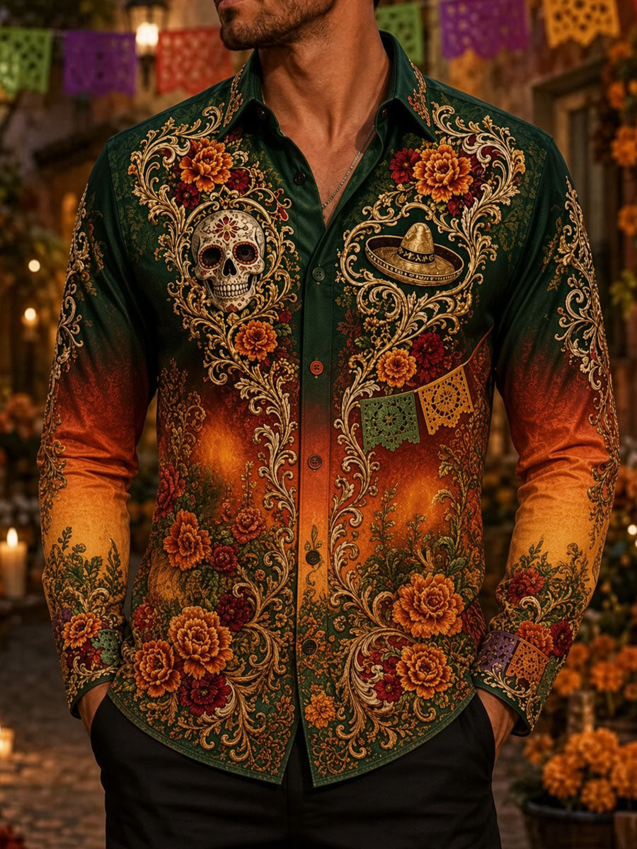 Men's Day of the Dead Sugar Skull Print Casual Shirt