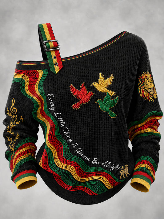 Women's Reggae Printed One Shoulder Waffle Casual Sweatshirt