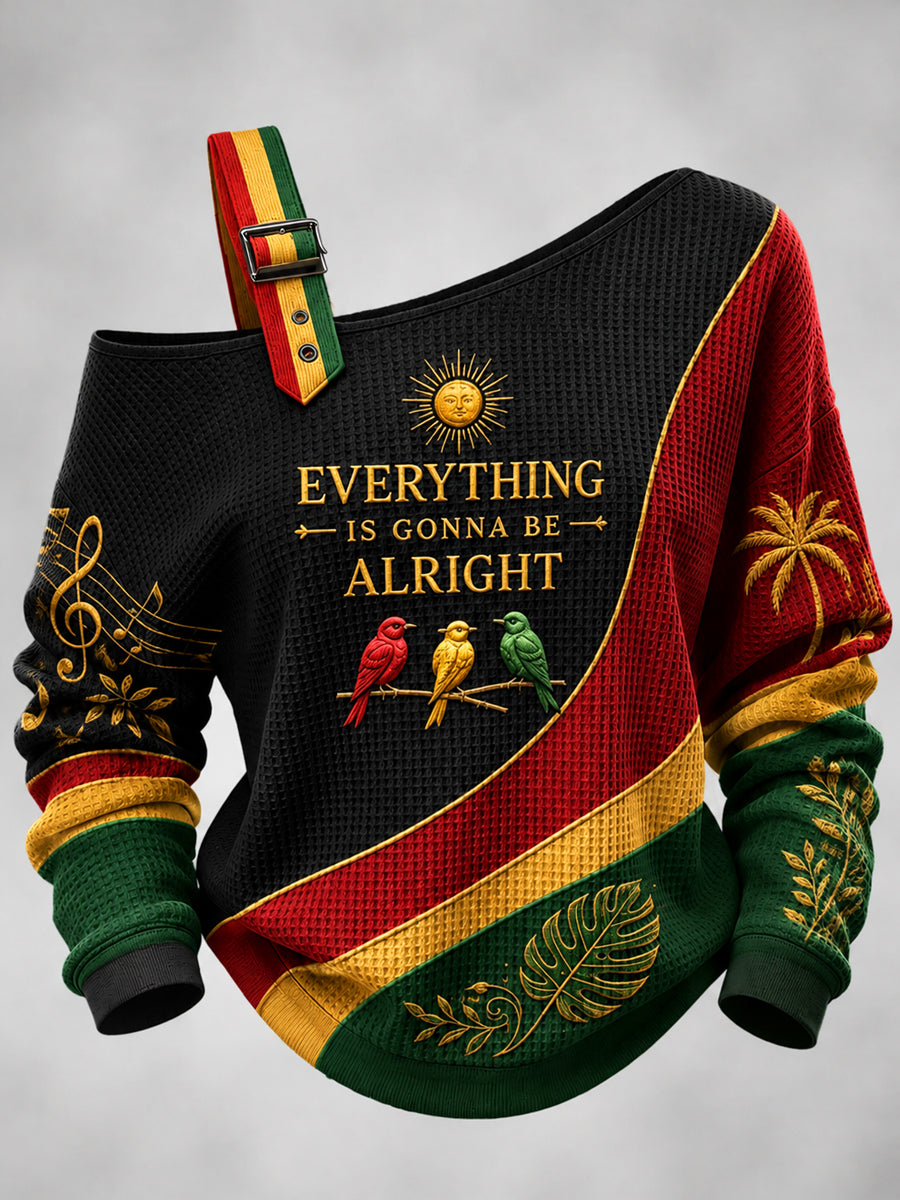 Women's Reggae Printed One Shoulder Waffle Casual Sweatshirt